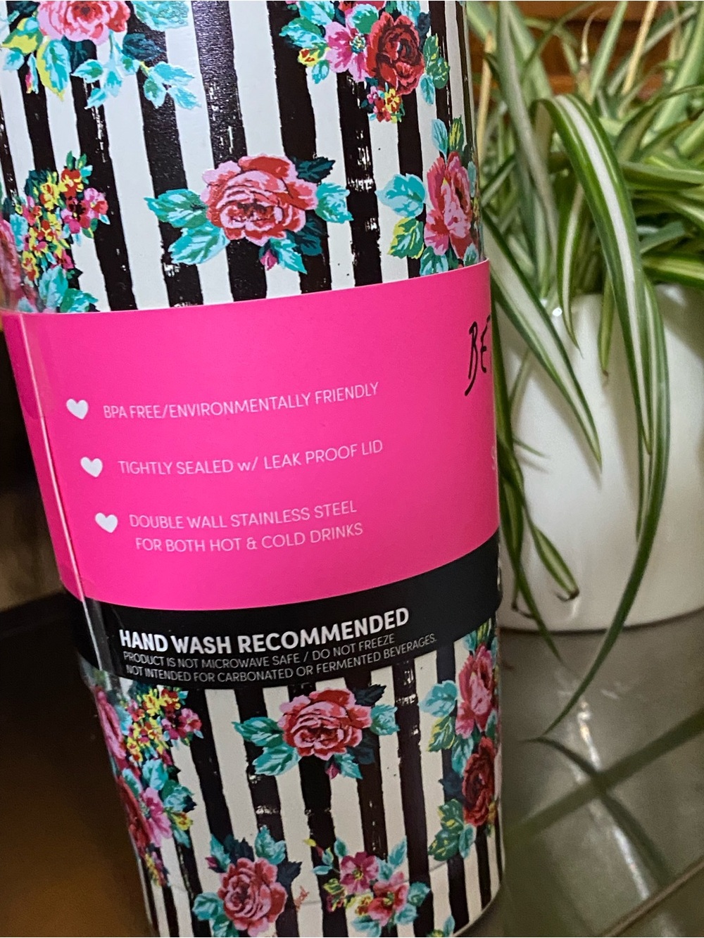 Betsey Johnson Black & White Striped Floral Tumbler with Hot Pink Logo - Picture 10 of 10